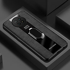 Silikon Hülle Handyhülle Gummi Schutzhülle Flexible Leder Tasche mit Magnetisch Fingerring Ständer PB1 für Xiaomi Redmi Note 9T 5G Schwarz