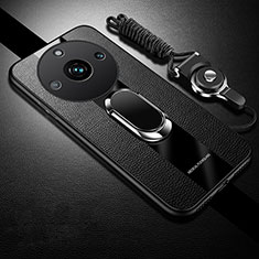 Silikon Hülle Handyhülle Gummi Schutzhülle Flexible Leder Tasche mit Magnetisch Fingerring Ständer PB2 für Realme 11 Pro+ Plus 5G Schwarz