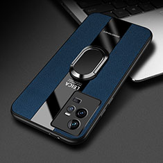 Silikon Hülle Handyhülle Gummi Schutzhülle Flexible Leder Tasche mit Magnetisch Fingerring Ständer PB2 für Vivo iQOO 11 5G Blau