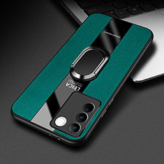 Silikon Hülle Handyhülle Gummi Schutzhülle Flexible Leder Tasche mit Magnetisch Fingerring Ständer PB2 für Vivo V27 5G Grün