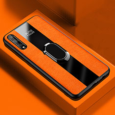 Silikon Hülle Handyhülle Gummi Schutzhülle Flexible Leder Tasche mit Magnetisch Fingerring Ständer S01 für Huawei P smart S Orange