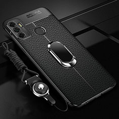 Silikon Hülle Handyhülle Gummi Schutzhülle Flexible Leder Tasche mit Magnetisch Fingerring Ständer S01 für Oppo A11s Schwarz