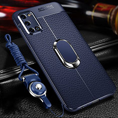 Silikon Hülle Handyhülle Gummi Schutzhülle Flexible Leder Tasche mit Magnetisch Fingerring Ständer S01 für Oppo A72 Blau