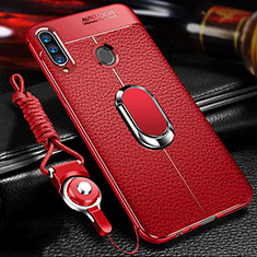 Silikon Hülle Handyhülle Gummi Schutzhülle Flexible Leder Tasche mit Magnetisch Fingerring Ständer S01 für Samsung Galaxy A20s Rot