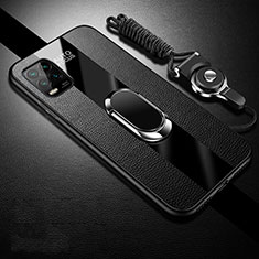 Silikon Hülle Handyhülle Gummi Schutzhülle Flexible Leder Tasche mit Magnetisch Fingerring Ständer S01 für Xiaomi Mi 10 Lite Schwarz