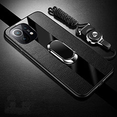 Silikon Hülle Handyhülle Gummi Schutzhülle Flexible Leder Tasche mit Magnetisch Fingerring Ständer S01 für Xiaomi Mi 11 5G Schwarz