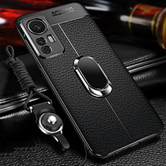 Silikon Hülle Handyhülle Gummi Schutzhülle Flexible Leder Tasche mit Magnetisch Fingerring Ständer S01 für Xiaomi Mi 12T 5G Schwarz