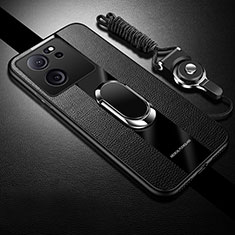 Silikon Hülle Handyhülle Gummi Schutzhülle Flexible Leder Tasche mit Magnetisch Fingerring Ständer S01 für Xiaomi Mi 13T Pro 5G Schwarz