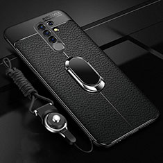 Silikon Hülle Handyhülle Gummi Schutzhülle Flexible Leder Tasche mit Magnetisch Fingerring Ständer S01 für Xiaomi Poco M2 Schwarz