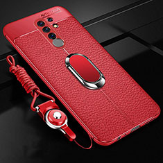 Silikon Hülle Handyhülle Gummi Schutzhülle Flexible Leder Tasche mit Magnetisch Fingerring Ständer S01 für Xiaomi Redmi 9 Rot