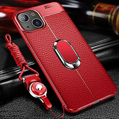 Silikon Hülle Handyhülle Gummi Schutzhülle Flexible Leder Tasche mit Magnetisch Fingerring Ständer S02 für Apple iPhone 13 Mini Rot