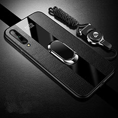 Silikon Hülle Handyhülle Gummi Schutzhülle Flexible Leder Tasche mit Magnetisch Fingerring Ständer S02 für Huawei Enjoy 10S Schwarz