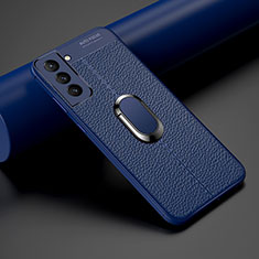 Silikon Hülle Handyhülle Gummi Schutzhülle Flexible Leder Tasche mit Magnetisch Fingerring Ständer S02 für Samsung Galaxy S21 FE 5G Blau