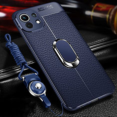 Silikon Hülle Handyhülle Gummi Schutzhülle Flexible Leder Tasche mit Magnetisch Fingerring Ständer S02 für Xiaomi Mi 11 5G Blau