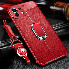 Silikon Hülle Handyhülle Gummi Schutzhülle Flexible Leder Tasche mit Magnetisch Fingerring Ständer S02 für Xiaomi Mi 11 Lite 5G NE Rot