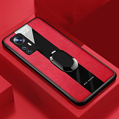 Silikon Hülle Handyhülle Gummi Schutzhülle Flexible Leder Tasche mit Magnetisch Fingerring Ständer S02 für Xiaomi Mi 12X 5G Rot