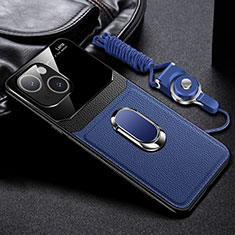 Silikon Hülle Handyhülle Gummi Schutzhülle Flexible Leder Tasche mit Magnetisch Fingerring Ständer S03 für Apple iPhone 14 Blau