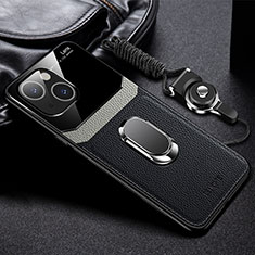 Silikon Hülle Handyhülle Gummi Schutzhülle Flexible Leder Tasche mit Magnetisch Fingerring Ständer S03 für Apple iPhone 14 Schwarz