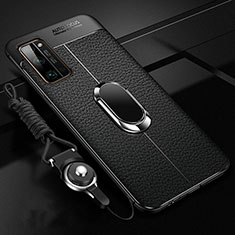 Silikon Hülle Handyhülle Gummi Schutzhülle Flexible Leder Tasche mit Magnetisch Fingerring Ständer S03 für Huawei Honor 30 Pro Schwarz