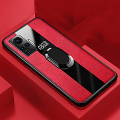 Silikon Hülle Handyhülle Gummi Schutzhülle Flexible Leder Tasche mit Magnetisch Fingerring Ständer S04 für Vivo X51 5G Rot