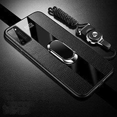 Silikon Hülle Handyhülle Gummi Schutzhülle Flexible Leder Tasche mit Magnetisch Fingerring Ständer T01 für Huawei Honor 30 Lite 5G Schwarz