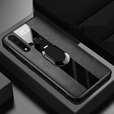 Silikon Hülle Handyhülle Gummi Schutzhülle Flexible Leder Tasche mit Magnetisch Fingerring Ständer T01 für Huawei Nova 5i Schwarz