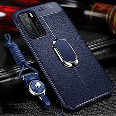 Silikon Hülle Handyhülle Gummi Schutzhülle Flexible Leder Tasche mit Magnetisch Fingerring Ständer T01 für Huawei P40 Blau