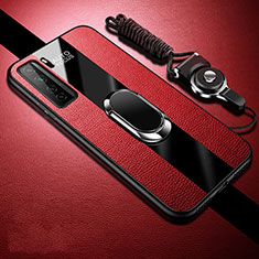 Silikon Hülle Handyhülle Gummi Schutzhülle Flexible Leder Tasche mit Magnetisch Fingerring Ständer T01 für Huawei P40 Lite 5G Rot