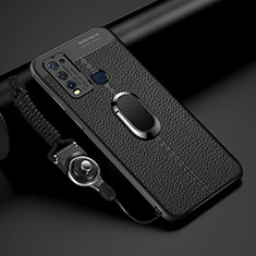 Silikon Hülle Handyhülle Gummi Schutzhülle Flexible Leder Tasche mit Magnetisch Fingerring Ständer T01 für Vivo Y50 Schwarz