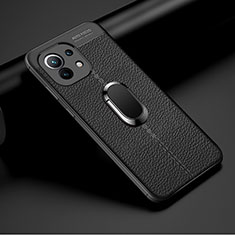 Silikon Hülle Handyhülle Gummi Schutzhülle Flexible Leder Tasche mit Magnetisch Fingerring Ständer T01 für Xiaomi Mi 11 Lite 5G NE Schwarz