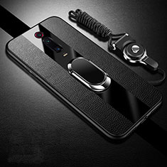 Silikon Hülle Handyhülle Gummi Schutzhülle Flexible Leder Tasche mit Magnetisch Fingerring Ständer T01 für Xiaomi Mi 9T Schwarz