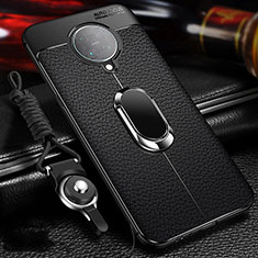 Silikon Hülle Handyhülle Gummi Schutzhülle Flexible Leder Tasche mit Magnetisch Fingerring Ständer T01 für Xiaomi Poco F2 Pro Schwarz