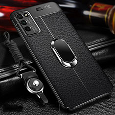 Silikon Hülle Handyhülle Gummi Schutzhülle Flexible Leder Tasche mit Magnetisch Fingerring Ständer T02 für Huawei Honor 30 Lite 5G Schwarz