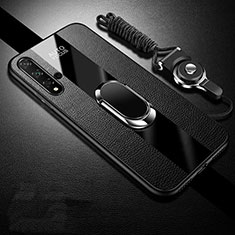 Silikon Hülle Handyhülle Gummi Schutzhülle Flexible Leder Tasche mit Magnetisch Fingerring Ständer T02 für Huawei Nova 5 Pro Schwarz