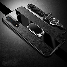 Silikon Hülle Handyhülle Gummi Schutzhülle Flexible Leder Tasche mit Magnetisch Fingerring Ständer T02 für Huawei Nova 6 5G Schwarz