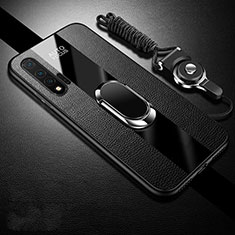 Silikon Hülle Handyhülle Gummi Schutzhülle Flexible Leder Tasche mit Magnetisch Fingerring Ständer T02 für Huawei Nova 6 Schwarz