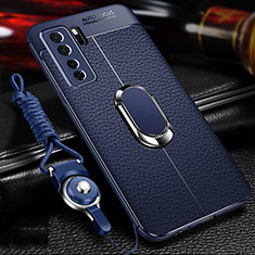 Silikon Hülle Handyhülle Gummi Schutzhülle Flexible Leder Tasche mit Magnetisch Fingerring Ständer T02 für Huawei P40 Lite 5G Blau