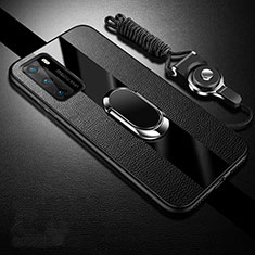 Silikon Hülle Handyhülle Gummi Schutzhülle Flexible Leder Tasche mit Magnetisch Fingerring Ständer T02 für Huawei P40 Schwarz