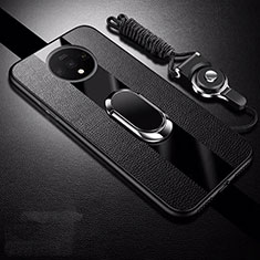 Silikon Hülle Handyhülle Gummi Schutzhülle Flexible Leder Tasche mit Magnetisch Fingerring Ständer T02 für OnePlus 7T Schwarz