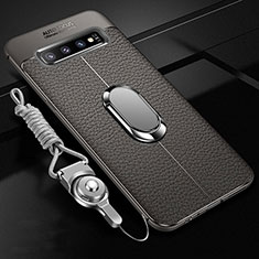 Silikon Hülle Handyhülle Gummi Schutzhülle Flexible Leder Tasche mit Magnetisch Fingerring Ständer T02 für Samsung Galaxy S10 5G Grau