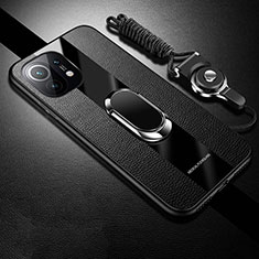 Silikon Hülle Handyhülle Gummi Schutzhülle Flexible Leder Tasche mit Magnetisch Fingerring Ständer T02 für Xiaomi Mi 11 5G Schwarz