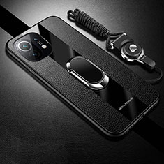 Silikon Hülle Handyhülle Gummi Schutzhülle Flexible Leder Tasche mit Magnetisch Fingerring Ständer T02 für Xiaomi Mi 11 Lite 5G NE Schwarz