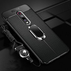 Silikon Hülle Handyhülle Gummi Schutzhülle Flexible Leder Tasche mit Magnetisch Fingerring Ständer T02 für Xiaomi Mi 9T Schwarz