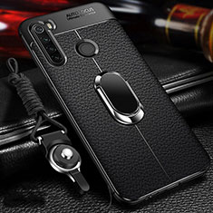 Silikon Hülle Handyhülle Gummi Schutzhülle Flexible Leder Tasche mit Magnetisch Fingerring Ständer T02 für Xiaomi Redmi Note 8 (2021) Schwarz