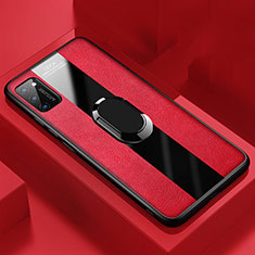 Silikon Hülle Handyhülle Gummi Schutzhülle Flexible Leder Tasche mit Magnetisch Fingerring Ständer T03 für Huawei Honor V30 Pro 5G Rot