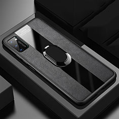 Silikon Hülle Handyhülle Gummi Schutzhülle Flexible Leder Tasche mit Magnetisch Fingerring Ständer T03 für Huawei Honor View 30 5G Schwarz