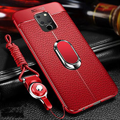 Silikon Hülle Handyhülle Gummi Schutzhülle Flexible Leder Tasche mit Magnetisch Fingerring Ständer T03 für Huawei Mate 20 X 5G Rot