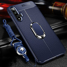 Silikon Hülle Handyhülle Gummi Schutzhülle Flexible Leder Tasche mit Magnetisch Fingerring Ständer T03 für Huawei Nova 5 Blau