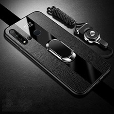 Silikon Hülle Handyhülle Gummi Schutzhülle Flexible Leder Tasche mit Magnetisch Fingerring Ständer T03 für Huawei Nova 5i Schwarz