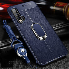 Silikon Hülle Handyhülle Gummi Schutzhülle Flexible Leder Tasche mit Magnetisch Fingerring Ständer T03 für Huawei Nova 6 5G Blau